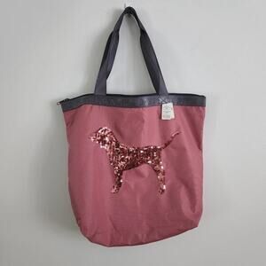 PINK Victoria Secret Sequin Dog Tote Bag Pink Canvas NWT Zip Top